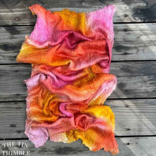 Hand Dyed Silk Mulberry Lap Fiber for Spinning or Felting in Rose Bouquet - Orange, Yellow and Pink 100% Silk Laps Similar to Silk Hankies