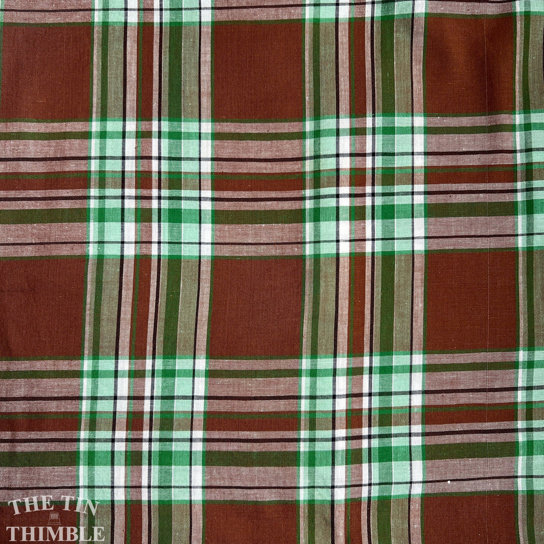 Authentic Vintage Green and Brown Plaid Cotton - 1.5 Yards - 34