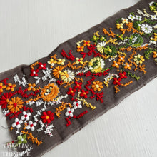 Load image into Gallery viewer, Vintage Embroidered Trim - Sheer Cross Stitch Embroidered Floral Trim - 35&quot; x 4.5&quot; Wide - Brown, Orange, Red, Green, Yellow and White
