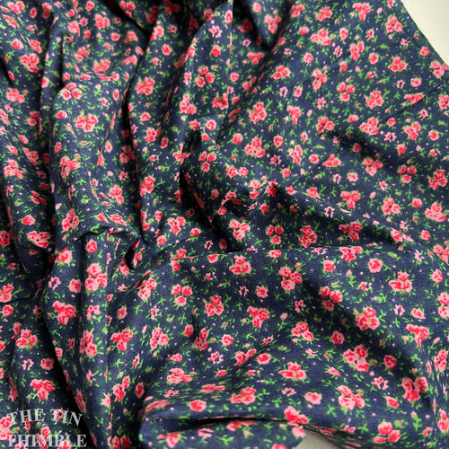 Vintage Navy and Pink Printed Floral - 1 1/3 Yards - Blue and Pink 100% Cotton Medium Weight Floral Fabric