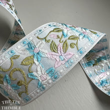 Load image into Gallery viewer, Vintage Shiny Floral Embroidered Trim - Pastel Striped Floral Synthetic Trim - By the Half Yard
