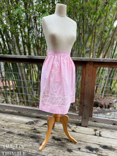 Vintage Handmade Half Apron - Gingham Ric Rack Cross Stitch Pink and White 1950s Hostess Apron