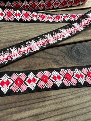 100% Cotton Vintage Embroidered Trim - Black, Pink, Red and White - Sold by the Half Yard