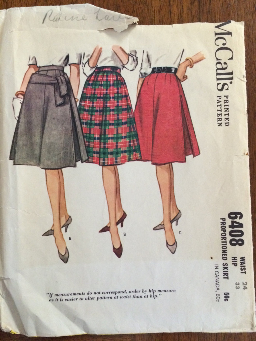1960's Skirt Pattern / Vintage Sewing Pattern / McCall's 6408 / Waist 24 / Hip 33 / Flared Skirt / 4 Gore Skirt / Side Insets / Knee Length