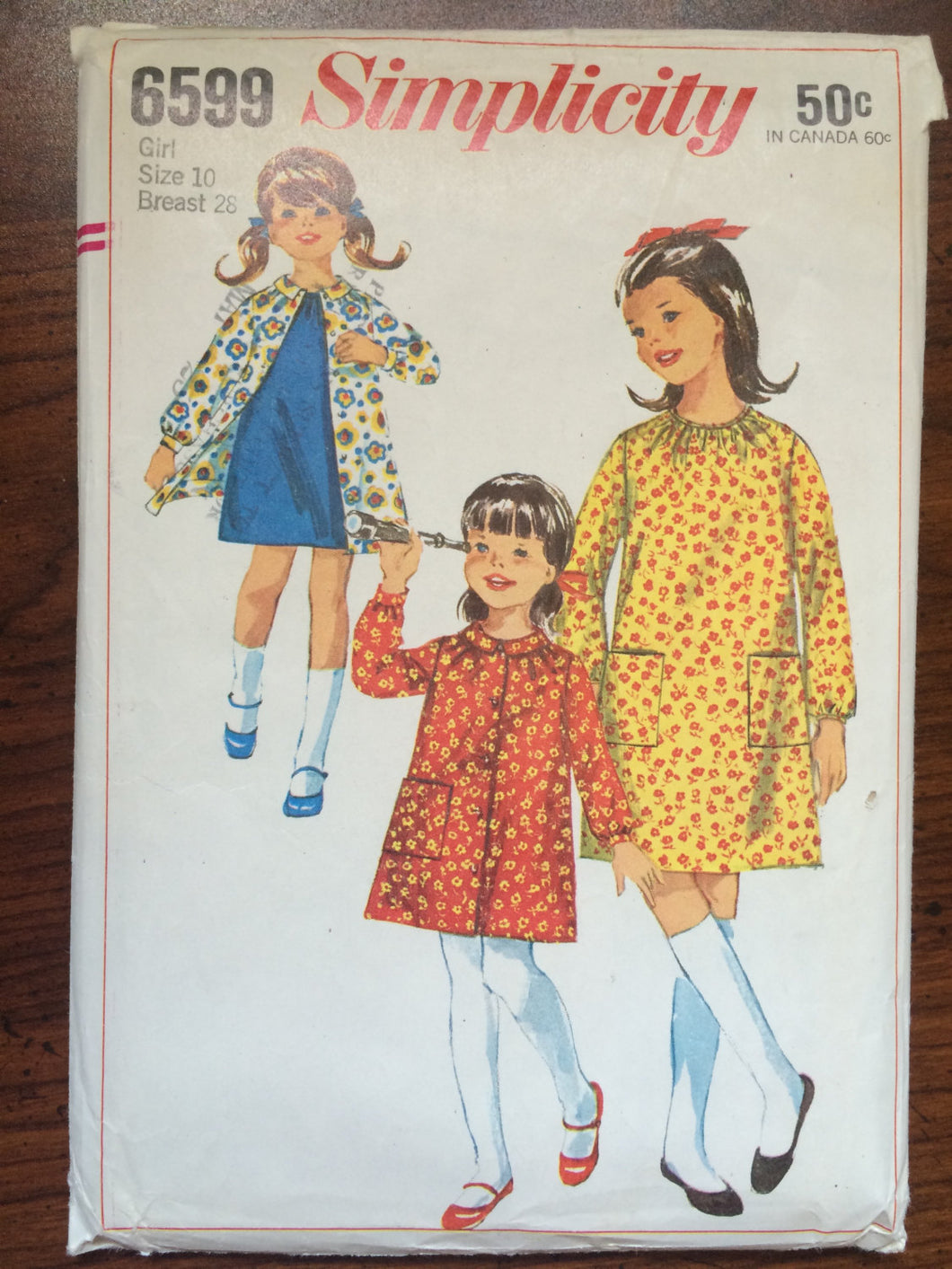 1960s Simplicity Girl's Dress and Smock Pattern #6599 Size 10, Breast 28