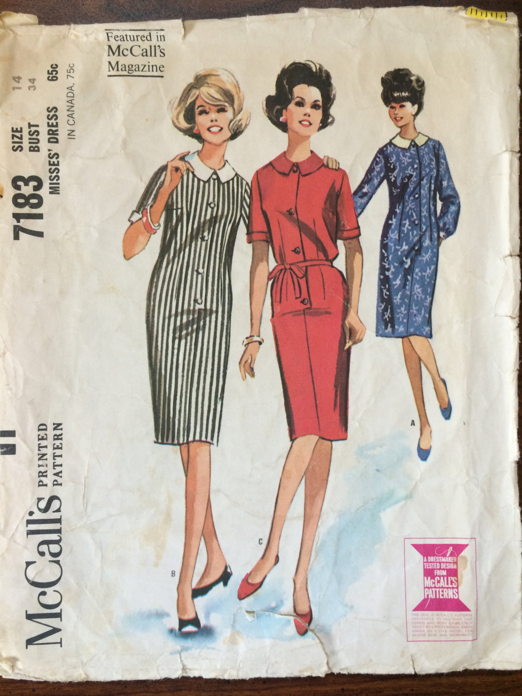 1960's Dress Pattern / Vintage Sewing Pattern / McCall's 7183 / Size 14 Bust 34 / Simple Dress Pattern / Sheath Dress Pattern / Shirt Dress