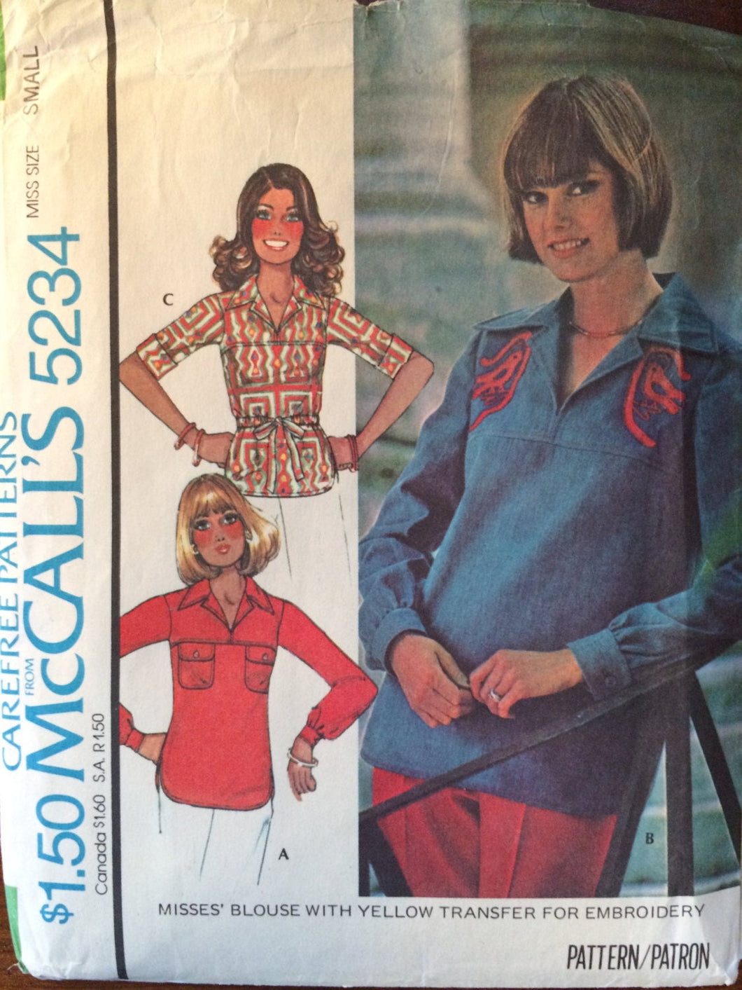 Blouse Pattern / Vintage Sewing Pattern / Embroidery Transfer / McCall's 5234 / Small Bust 32.5-34 / 1970s Pattern / Blouse Sewing