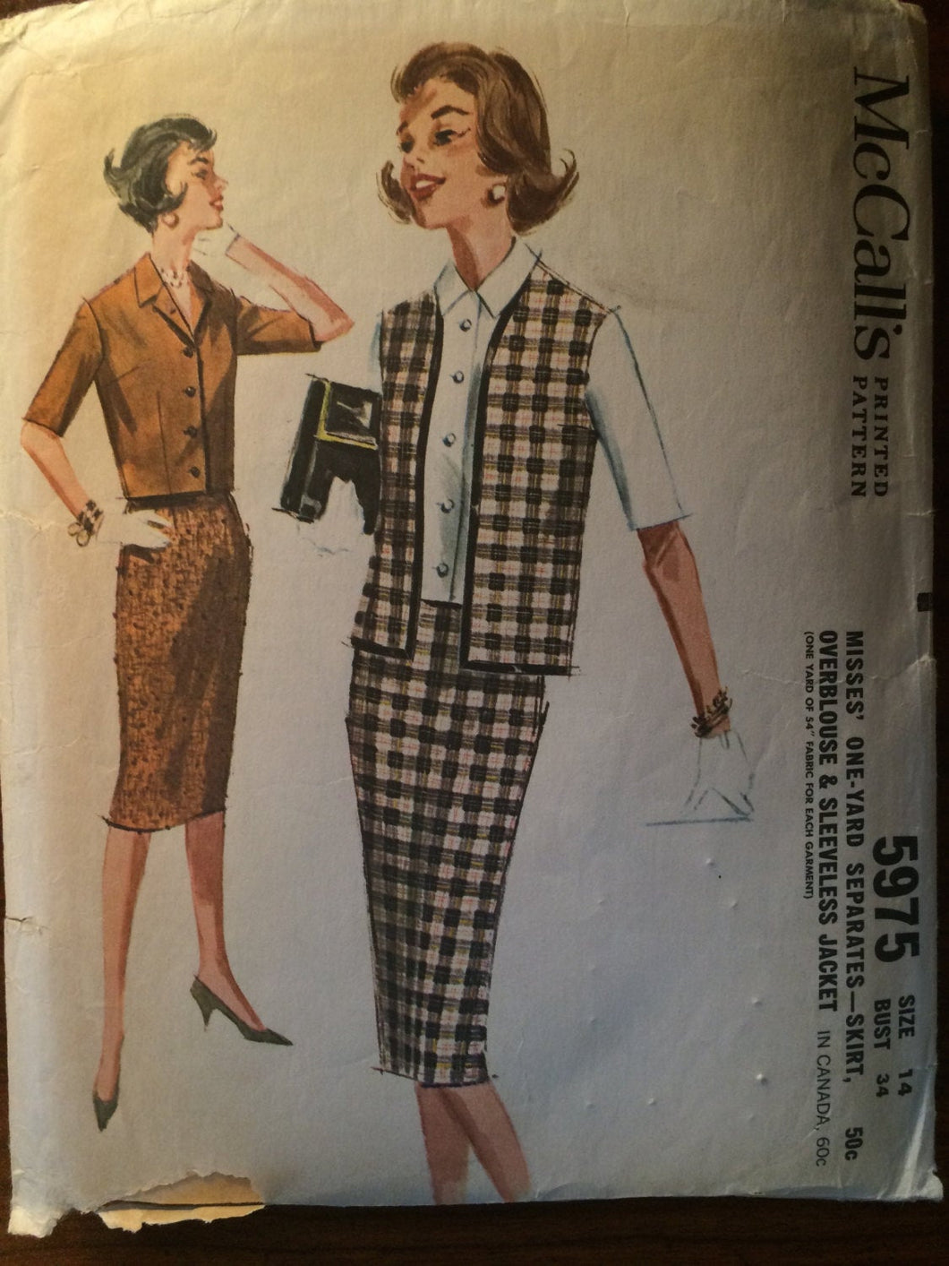 Vintage 1960 McCall's Misses' One Yard Separates Pattern #5975 Size 13 Bust 33