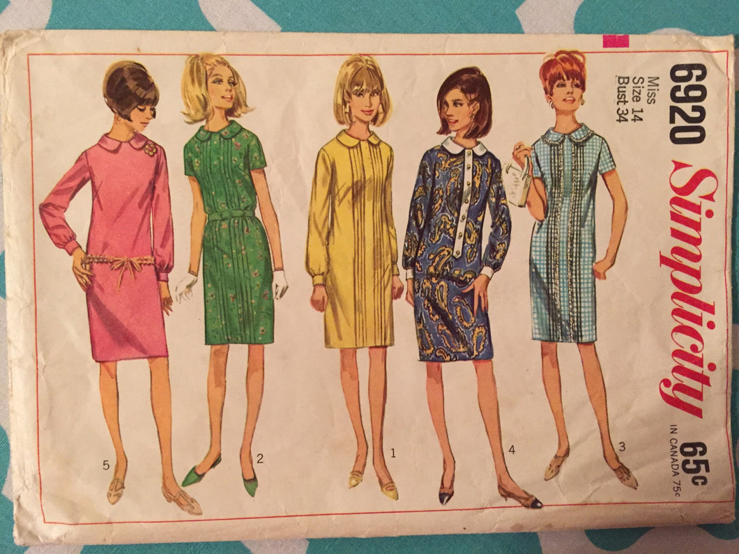 Vintage 1960s Simplicity 6920 Size 14 Bust 34 - Vintage Simplicity / 60s Simplicity / 60s / Sheath Dress / Straight Dress