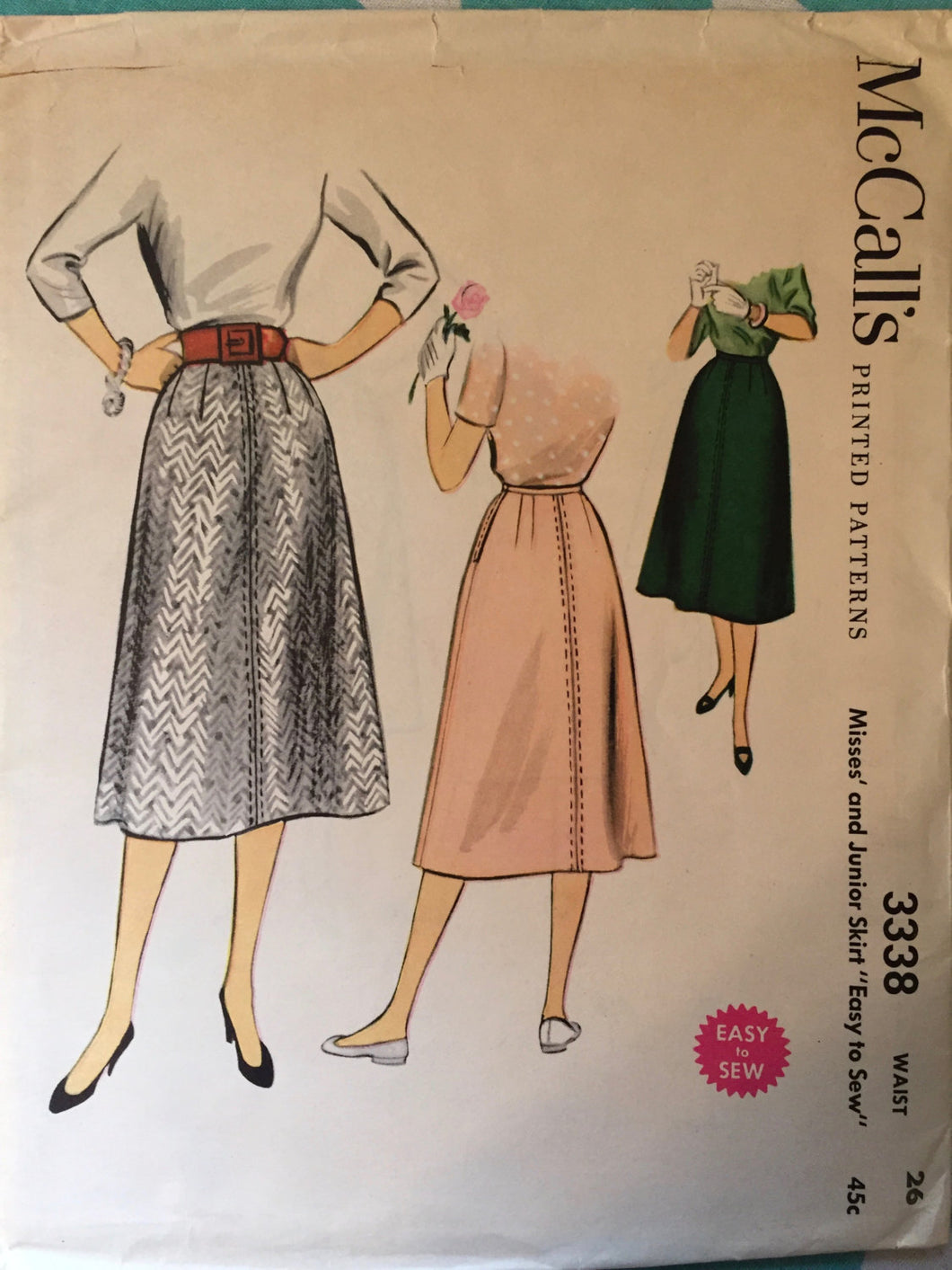 Vintage Sewing Pattern / 1950's Skirt Pattern / McCall's 3338 / Waist 26 / Vintage McCall's Pattern / Easy to Sew / 4 Gore Skirt