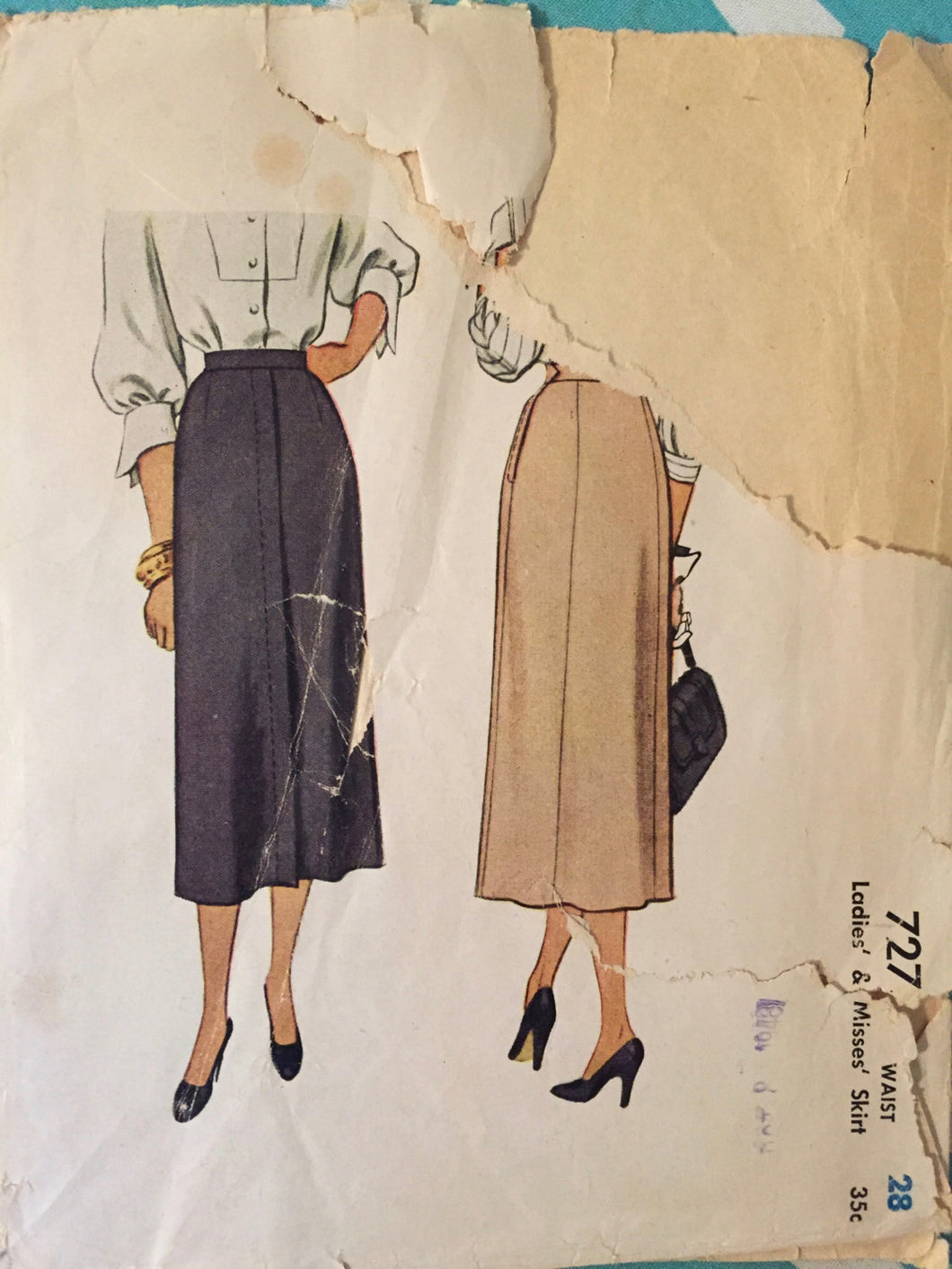 Vintage 1940's McCall's Skirt Pattern #7275 Waist Size 28