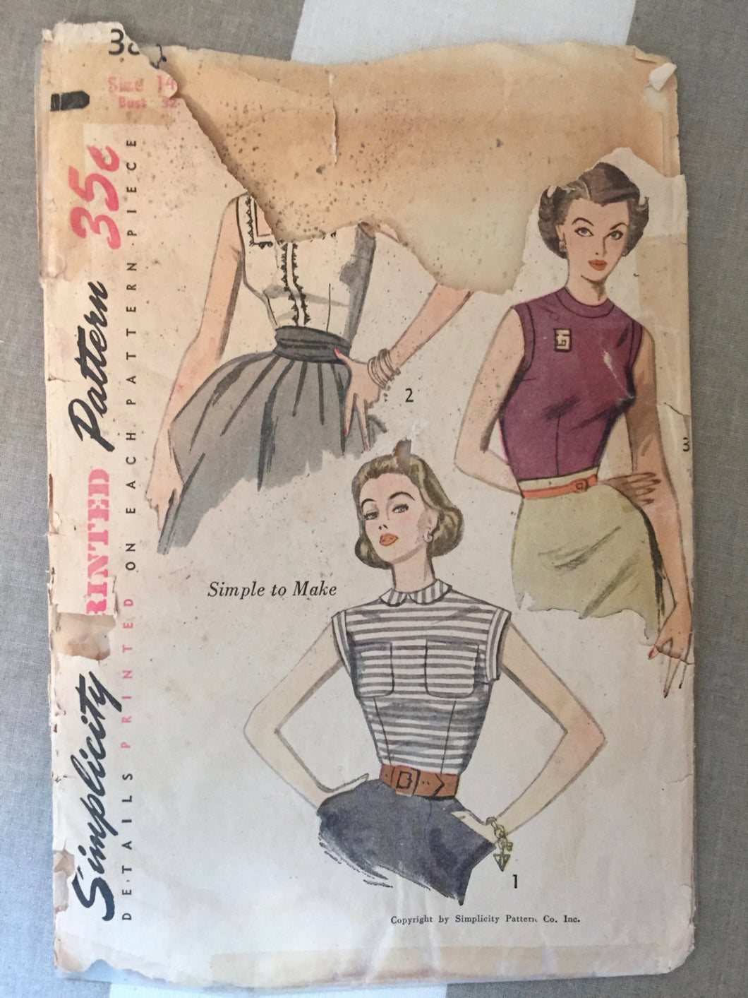 Simplicity Blouse Pattern #3891 Vintage 1950's - Incomplete - Size 14 Bust 32