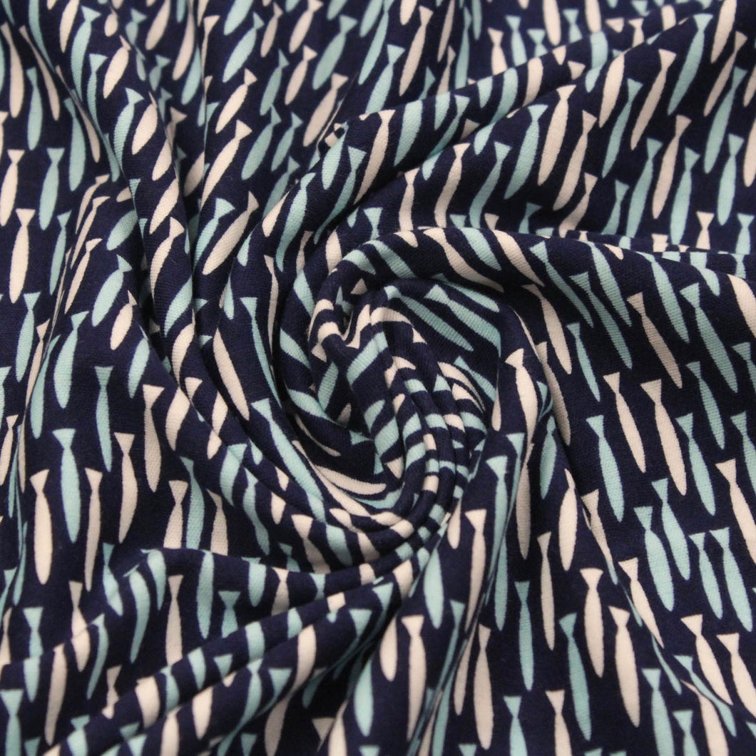 Fish Print / Cloud 9 / Interlock Knit Fabric / Certified Organic Cotton / Life Aquatic / Navy Blue / Fish Fabric - 3/4 Yard-  LAST PIECE
