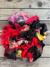 Load image into Gallery viewer, Hand Dyed Silk Mulberry Lap Fiber for Spinning or Felting in &#39;Drama&#39; / Red, Charcoal &amp; Yellow 100% Silk Laps Similar to Silk Hankies
